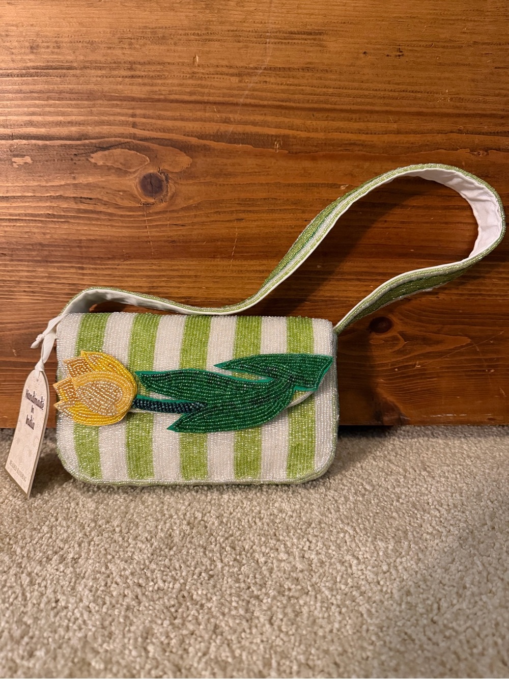 Handmade Green & White Striped Beaded Crossbody with Yellow Tulip - Picture 2 of 9